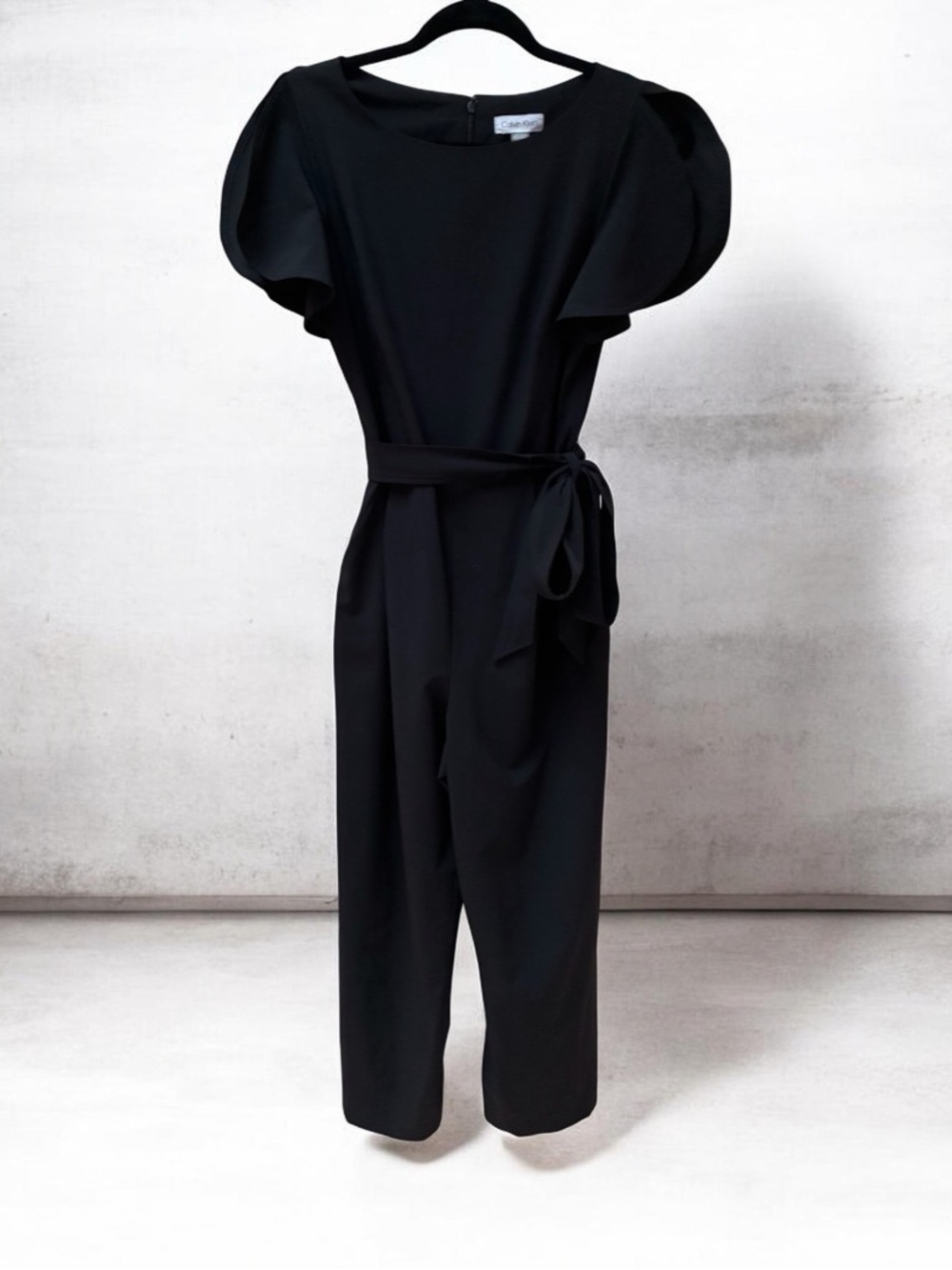 Calvin Klein Black Flutter-Sleeve Belted Jumpsuit